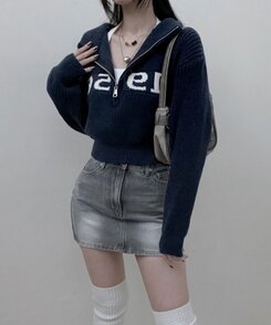 1956ハーフジップアップクロップニット6色 NAVY