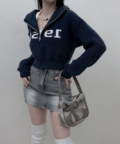 1956ハーフジップアップクロップニット6色 NAVY