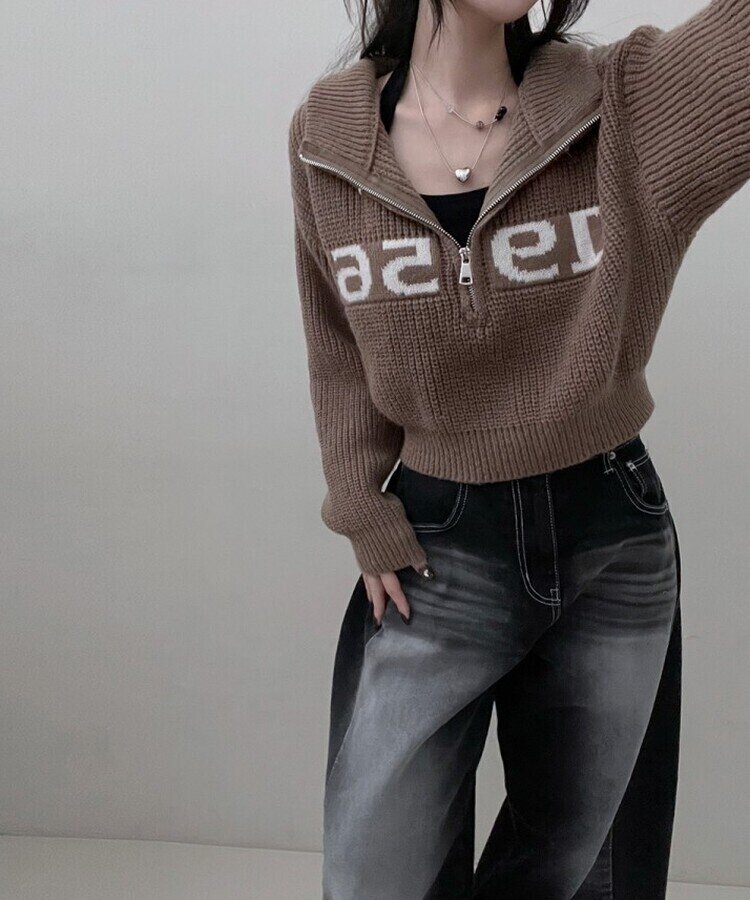 위드레터링반집업크롭니트