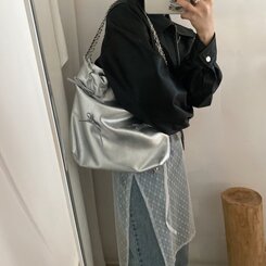 バッグ シルバーリボンチェーンショルダーバッグ SILVER