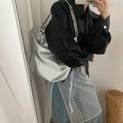 バッグ シルバーリボンチェーンショルダーバッグ SILVER