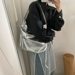 バッグ シルバーリボンチェーンショルダーバッグ SILVER