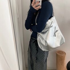 バッグ シルバーリボンチェーンショルダーバッグ SILVER
