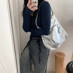 バッグ シルバーリボンチェーンショルダーバッグ SILVER