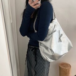バッグ シルバーリボンチェーンショルダーバッグ SILVER