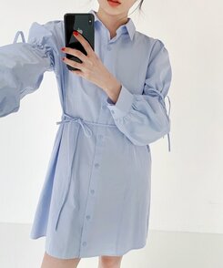 リボンバルーンスリーブコットンシャツワンピース SKY BLUE