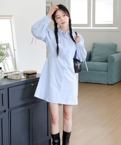 リボンバルーンスリーブコットンシャツワンピース SKY BLUE