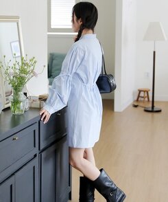 リボンバルーンスリーブコットンシャツワンピース SKY BLUE