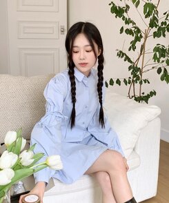 リボンバルーンスリーブコットンシャツワンピース SKY BLUE