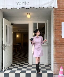 リボンバルーンスリーブコットンシャツワンピース LAVENDER