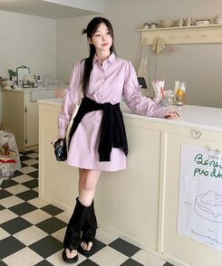 リボンバルーンスリーブコットンシャツワンピース LAVENDER