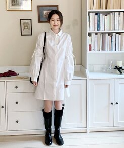 リボンバルーンスリーブコットンシャツワンピース IVORY