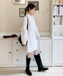 リボンバルーンスリーブコットンシャツワンピース IVORY