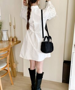 リボンバルーンスリーブコットンシャツワンピース IVORY