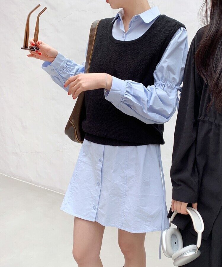 リボンバルーンスリーブコットンシャツワンピース SKY BLUE