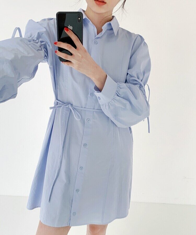 リボンバルーンスリーブコットンシャツワンピース SKY BLUE