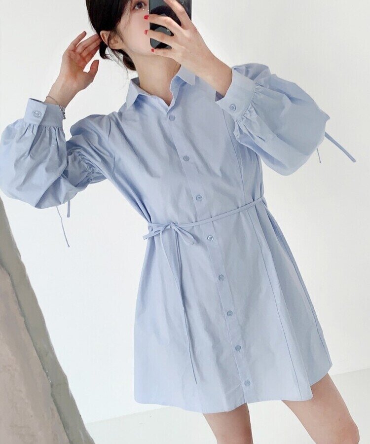 リボンバルーンスリーブコットンシャツワンピース SKY BLUE