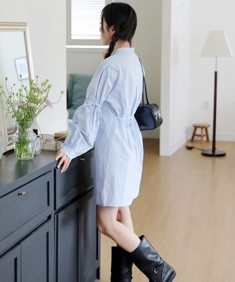 リボンバルーンスリーブコットンシャツワンピース SKY BLUE