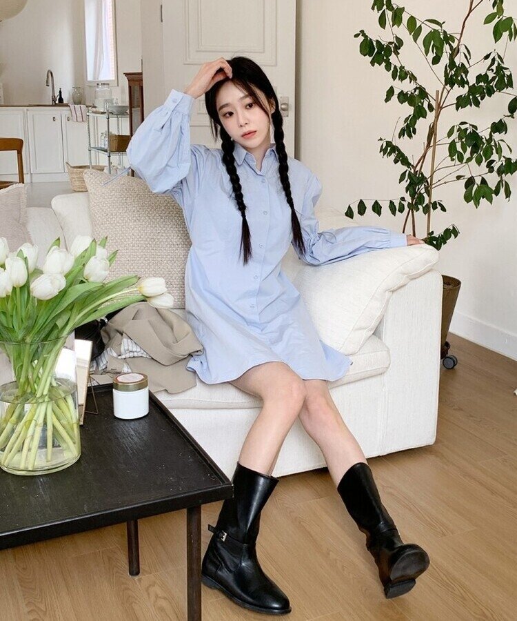 リボンバルーンスリーブコットンシャツワンピース SKY BLUE