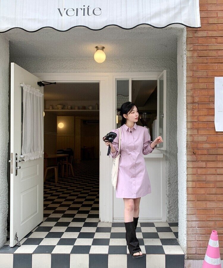 リボンバルーンスリーブコットンシャツワンピース LAVENDER