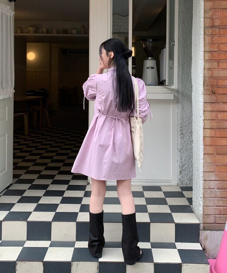 リボンバルーンスリーブコットンシャツワンピース LAVENDER