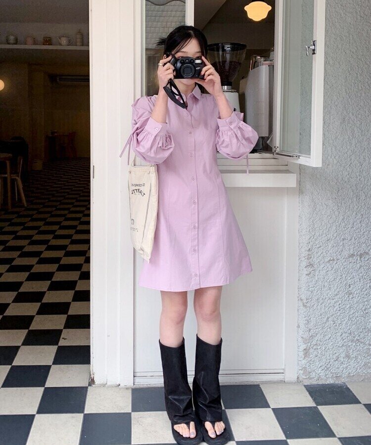 リボンバルーンスリーブコットンシャツワンピース LAVENDER