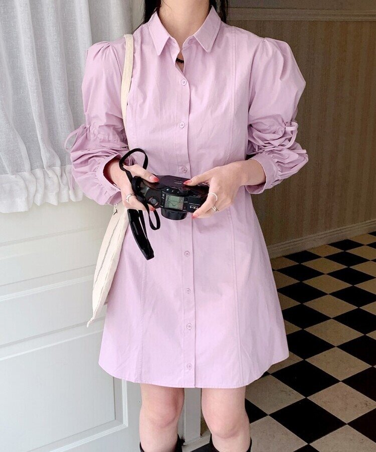 リボンバルーンスリーブコットンシャツワンピース LAVENDER