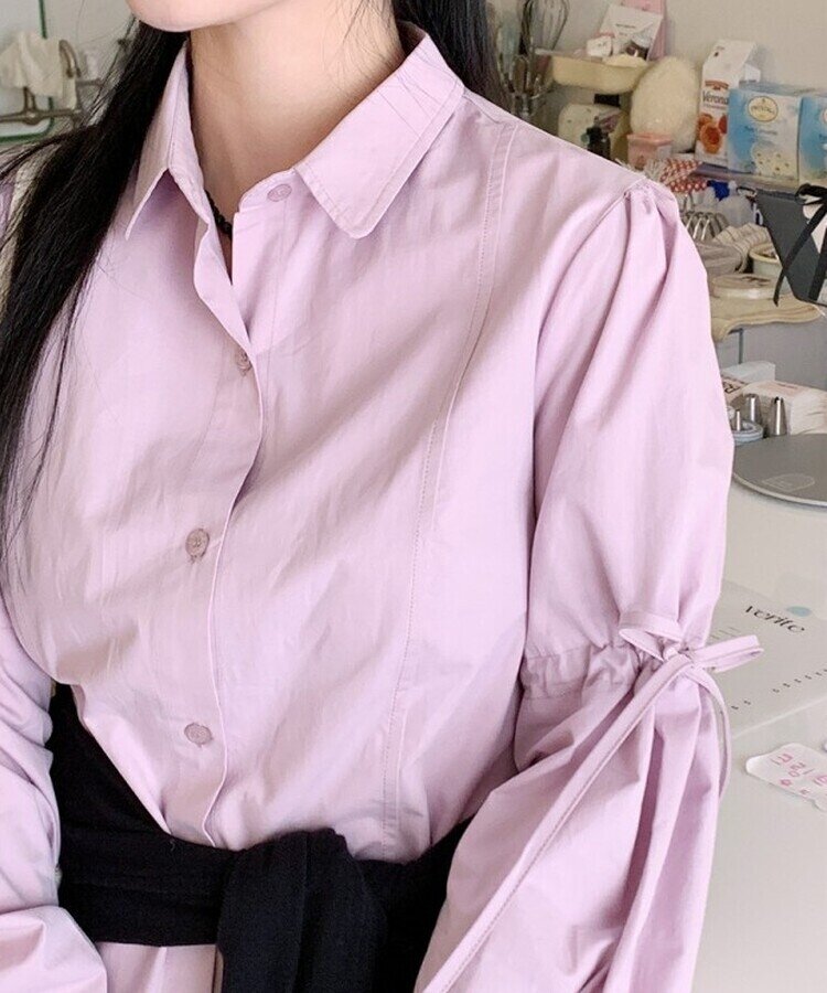 リボンバルーンスリーブコットンシャツワンピース LAVENDER