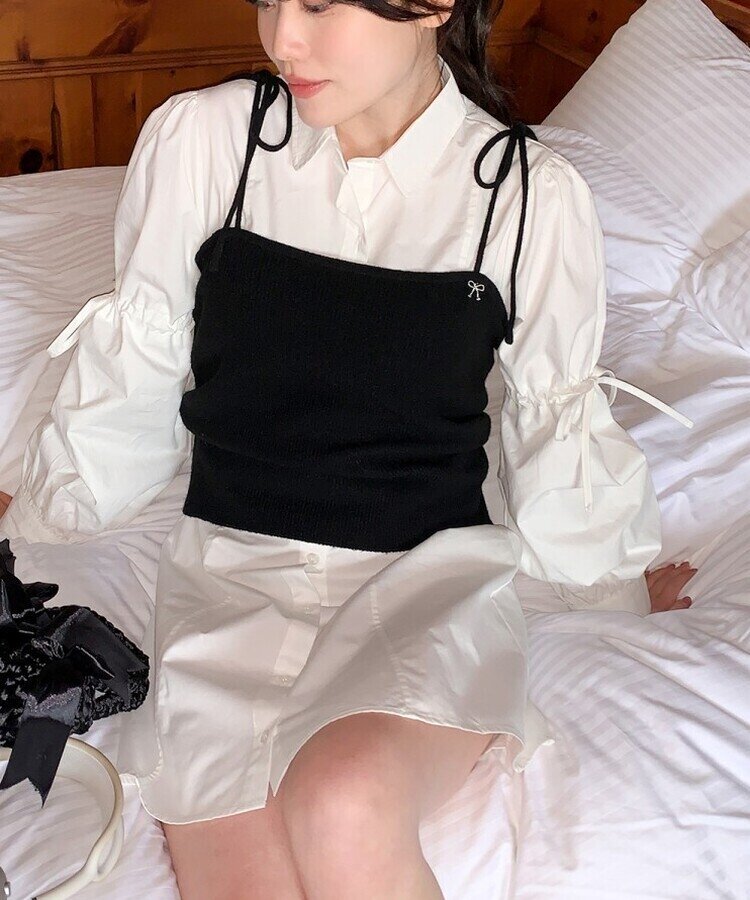 リボンバルーンスリーブコットンシャツワンピース IVORY