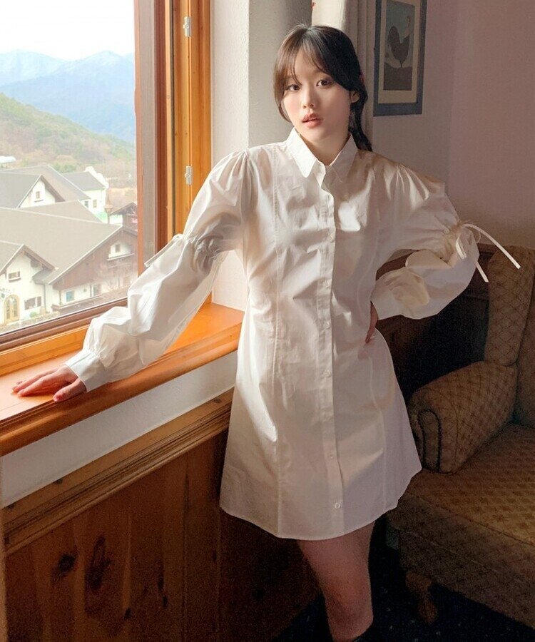 リボンバルーンスリーブコットンシャツワンピース IVORY