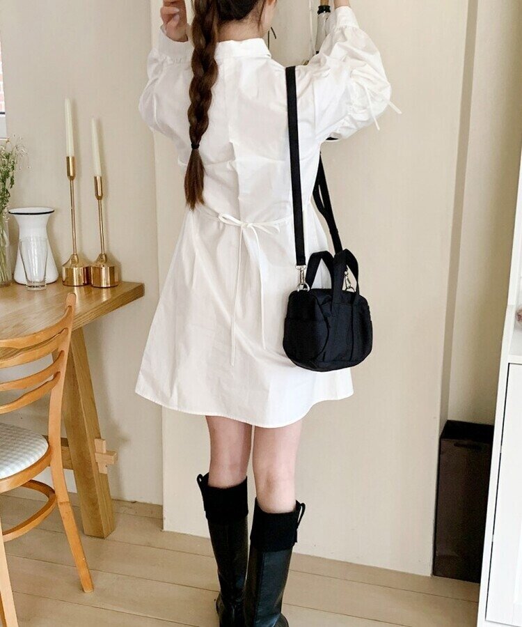 リボンバルーンスリーブコットンシャツワンピース IVORY