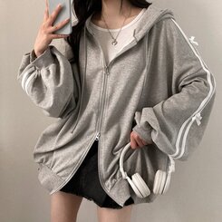 リボンラインスリーブダブルジップアップパーカー GRAY