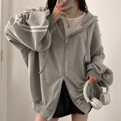 リボンラインスリーブダブルジップアップパーカー GRAY