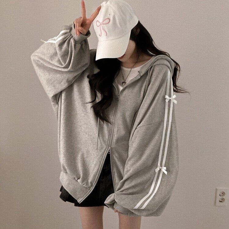 リボンラインスリーブダブルジップアップパーカー｜ジャンパー｜韓国