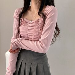 バレエコアシャーリングメロウフリルクロップ長袖Tシャツ PINK