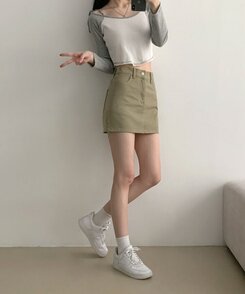 [기장선택/속바지O] 푸린 베이직 하이웨스트 탄탄 미니스커트(5color!) 카키