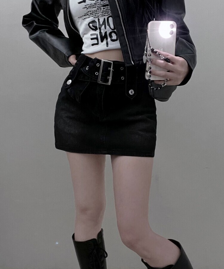 スクエアベルトウォッシングデニムシスカート｜ミニスカート｜韓国