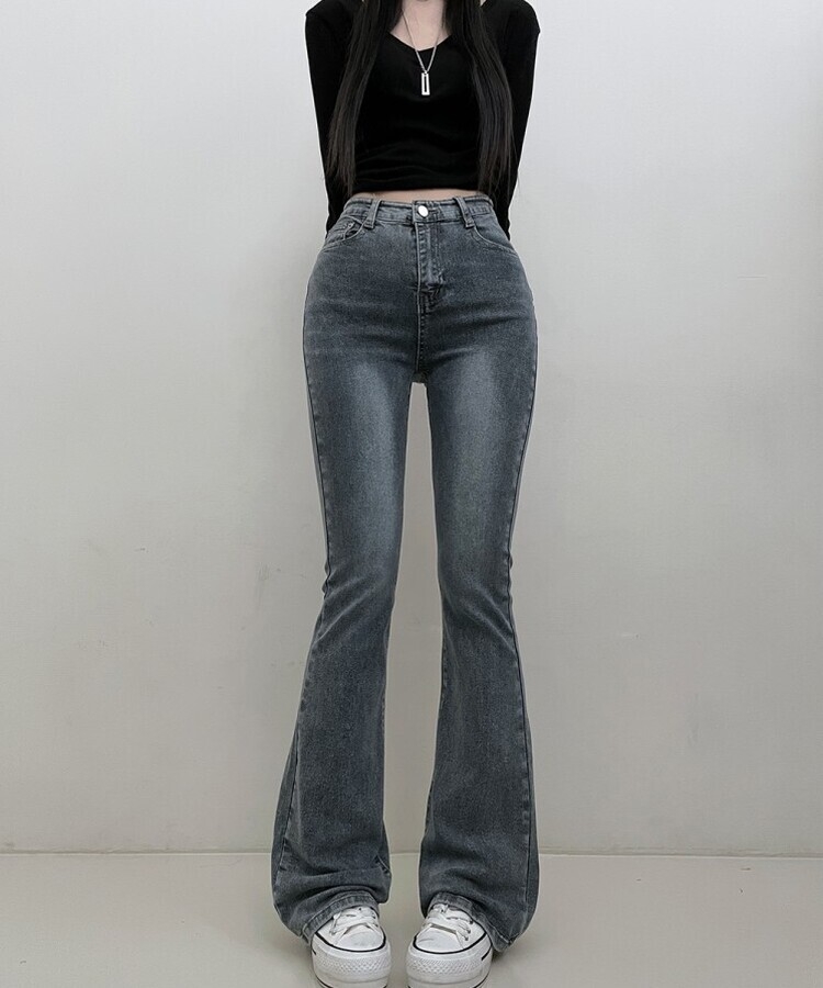 6col스판짱하이웨스트워싱데님부츠컷롱팬츠 그레이