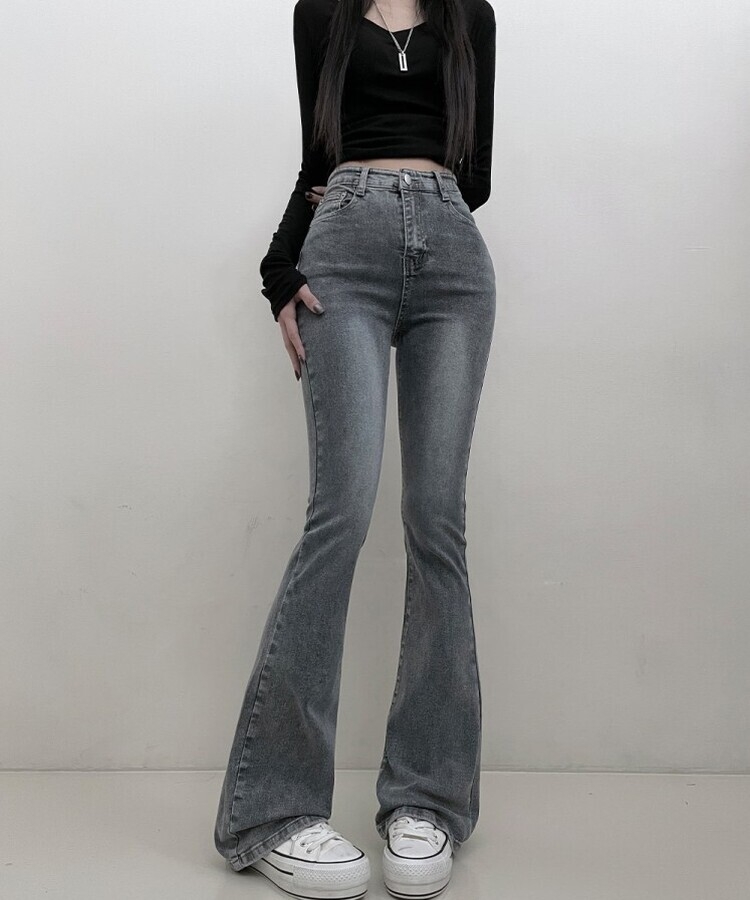 6col스판짱하이웨스트워싱데님부츠컷롱팬츠 그레이