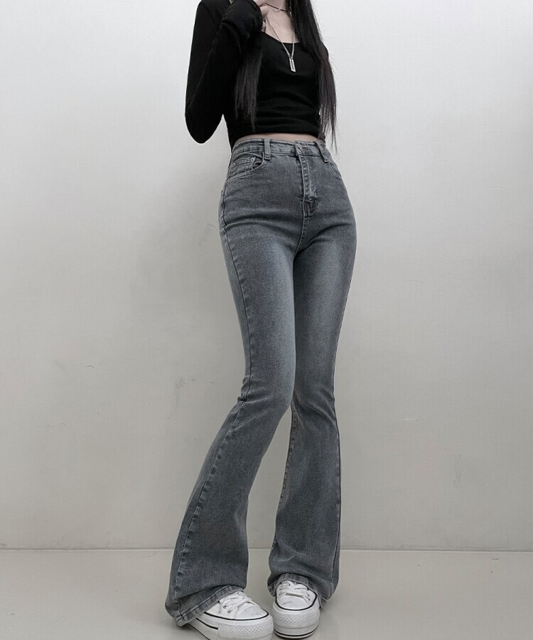 6col스판짱하이웨스트워싱데님부츠컷롱팬츠 그레이