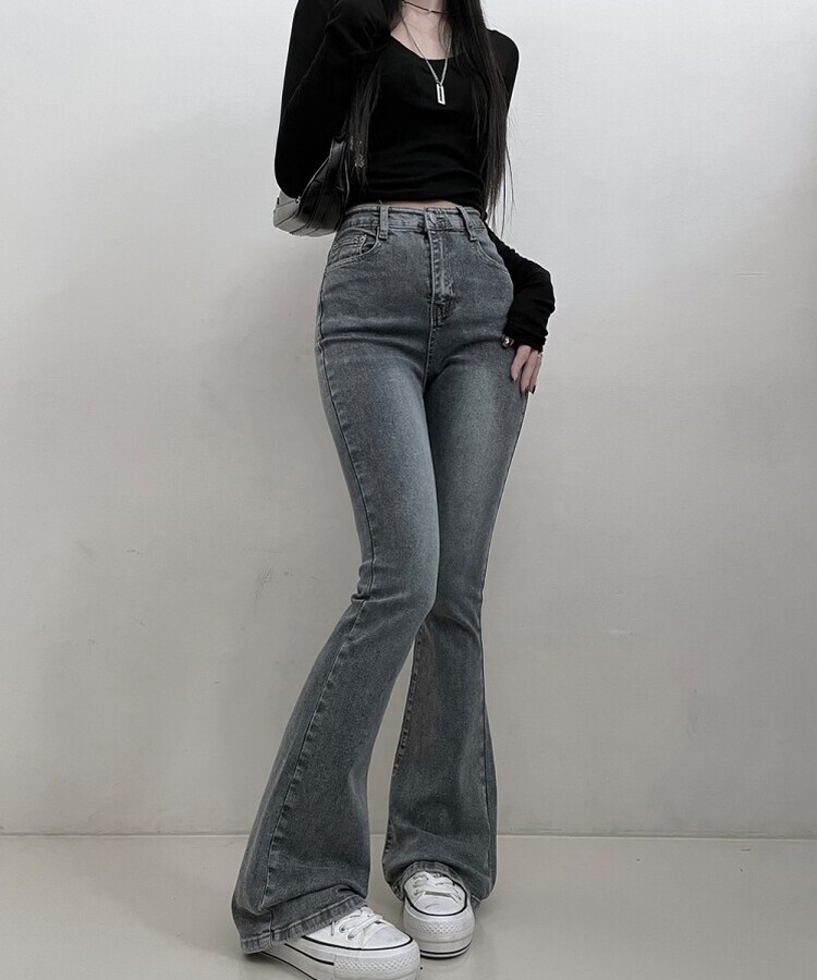 6col스판짱하이웨스트워싱데님부츠컷롱팬츠 그레이