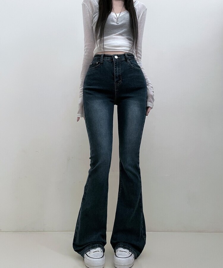 6col스판짱하이웨스트워싱데님부츠컷롱팬츠 진청