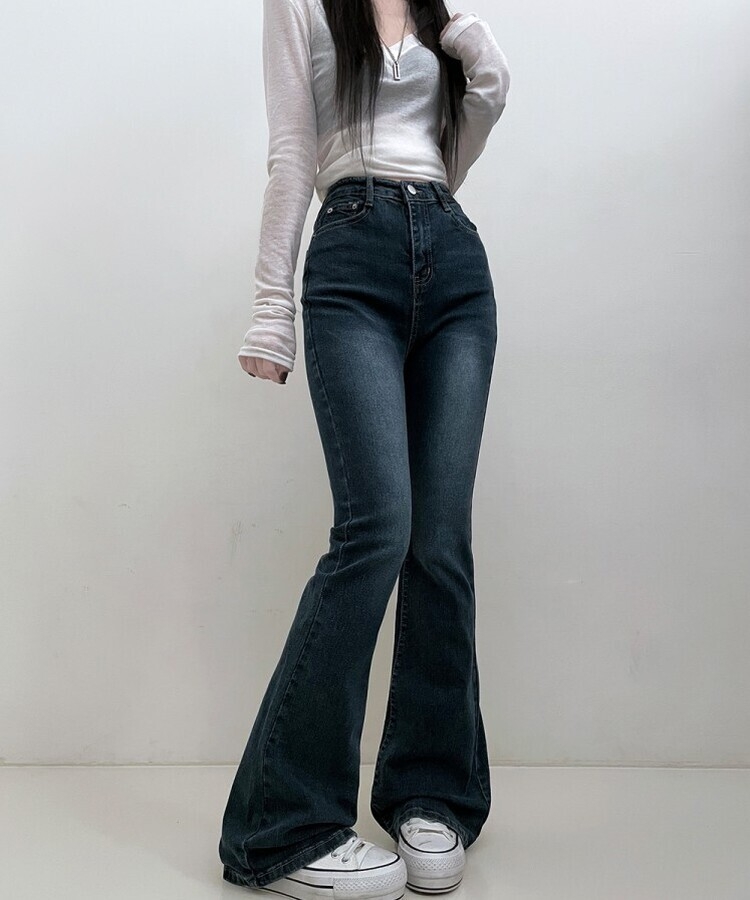 6col스판짱하이웨스트워싱데님부츠컷롱팬츠 진청