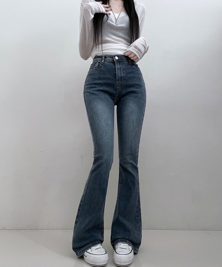 6col스판짱하이웨스트워싱데님부츠컷롱팬츠 중청