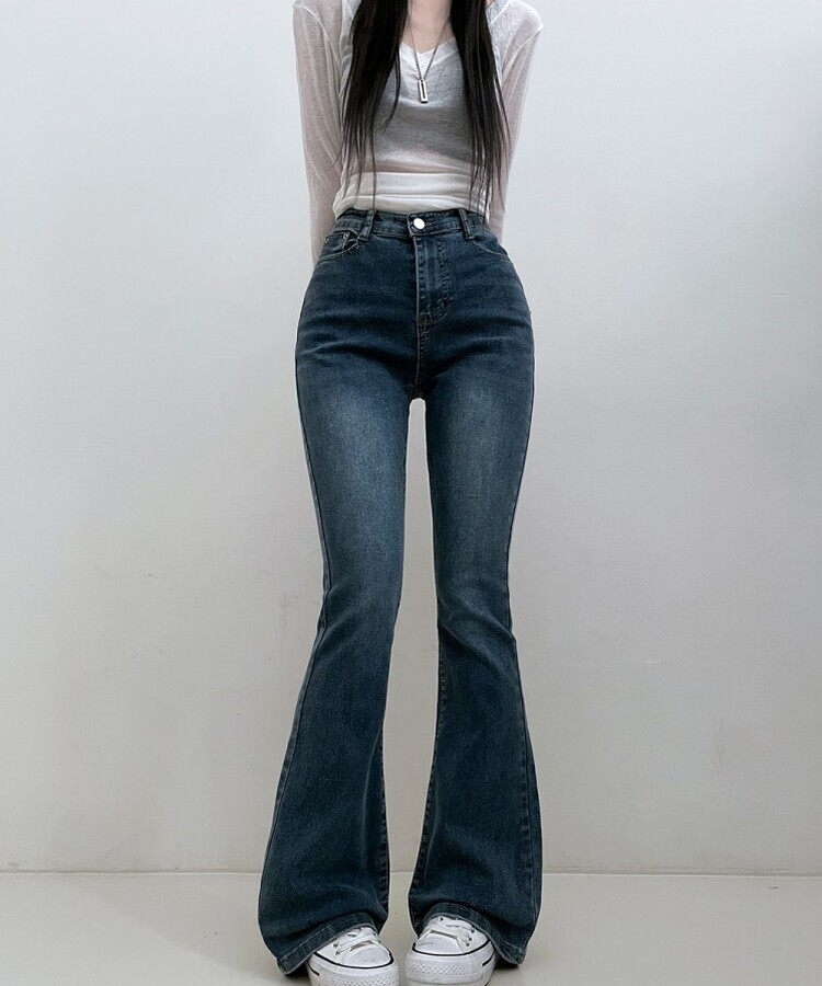 6col스판짱하이웨스트워싱데님부츠컷롱팬츠 중청