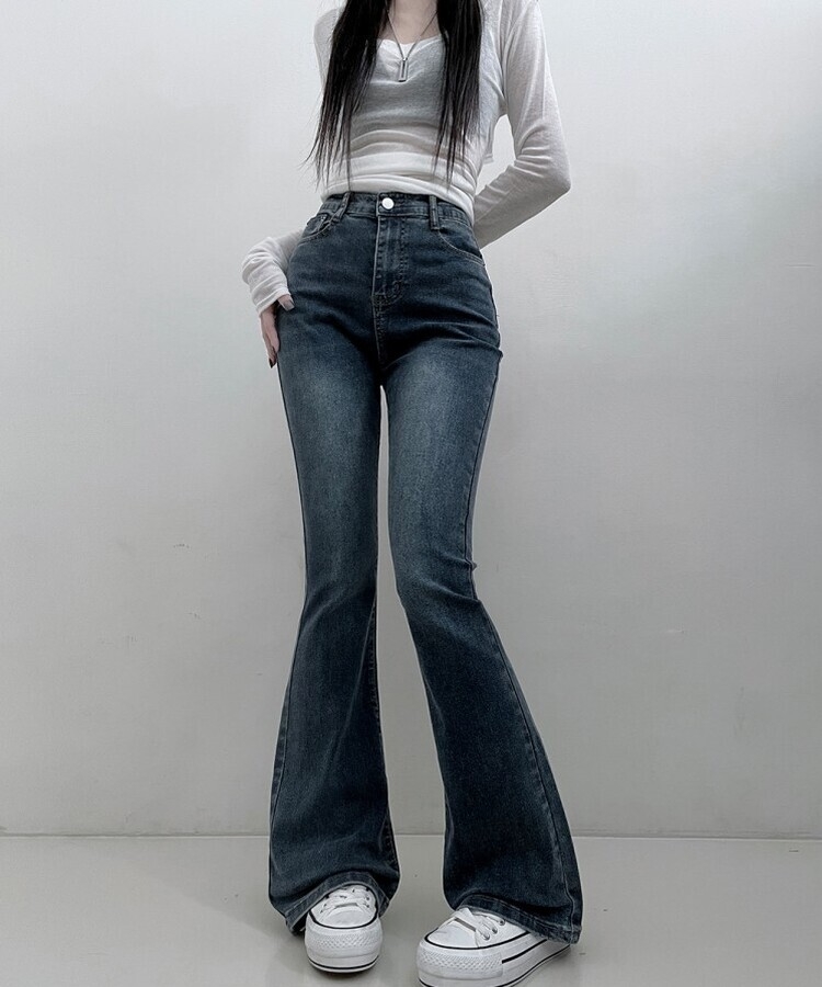 6col스판짱하이웨스트워싱데님부츠컷롱팬츠 중청