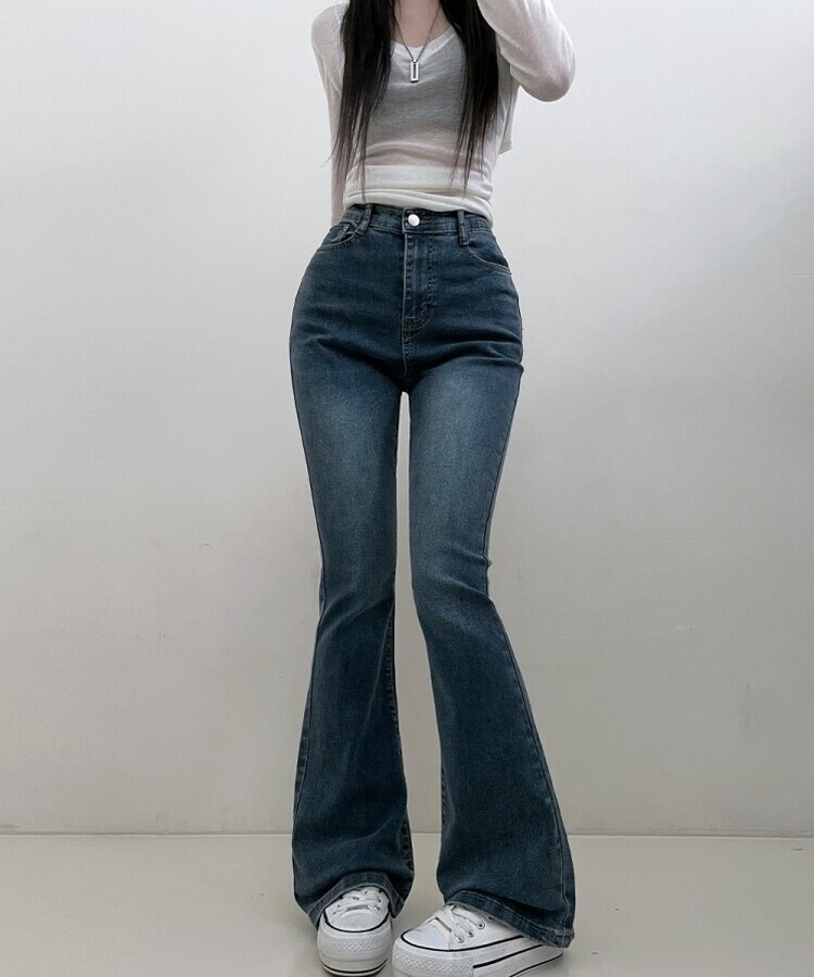 6col스판짱하이웨스트워싱데님부츠컷롱팬츠 중청