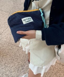 ファッション雑貨 チェックパターンファブリック化粧ポーチ NAVY