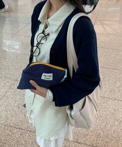 ファッション雑貨 チェックパターンファブリック化粧ポーチ NAVY