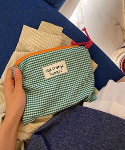 ファッション雑貨 チェックパターンファブリック化粧ポーチ GREEN